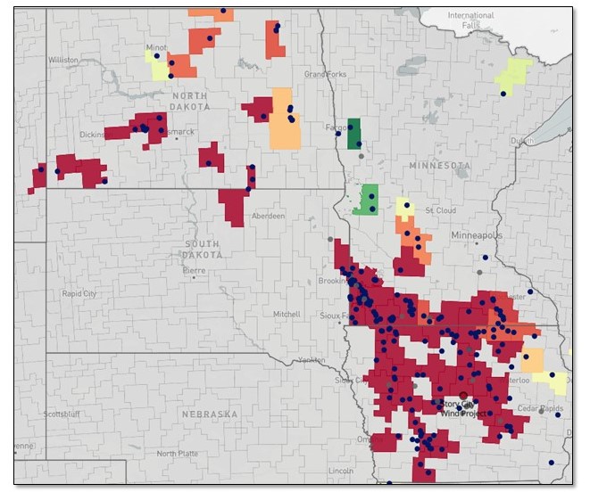 Figure 3a: Q2 2021 Node-to-Hub Basis for Operating Wind Projects in MISO. Average generation-weighted basis values calculated using Minnesota Hub. Source: REmap.