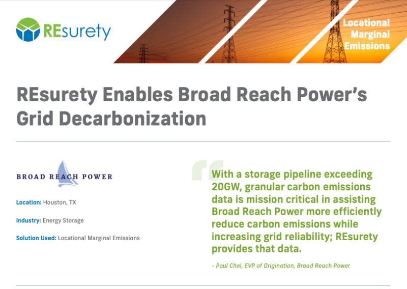 REsurety enables Broad Reach Power's Grid Decarbonization with their locational marginal emissions (LME) tool. 