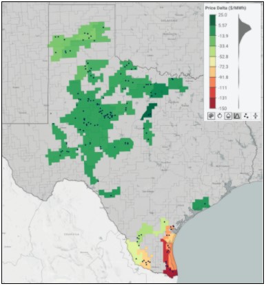 Map showing price in February 21 across Texas wind projects. 