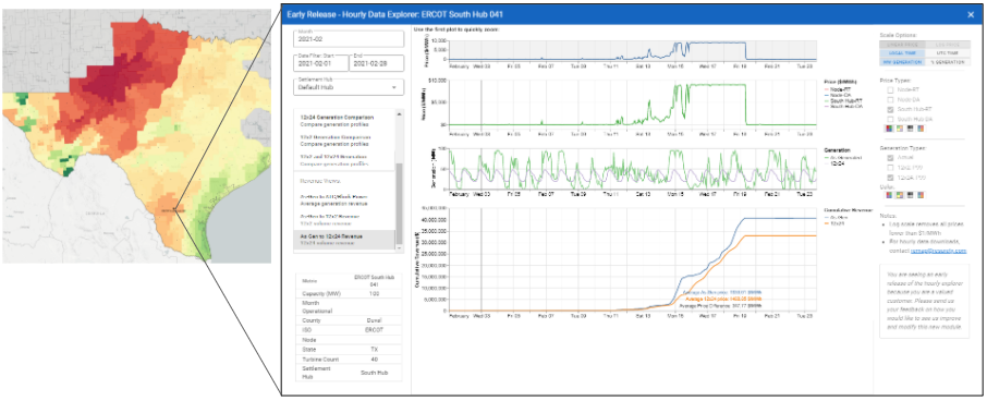 A screenshot from REmap’s Hourly Data Explorer shows a modeled wind project in south Texas during key hours of the February 2021 deep freeze. 