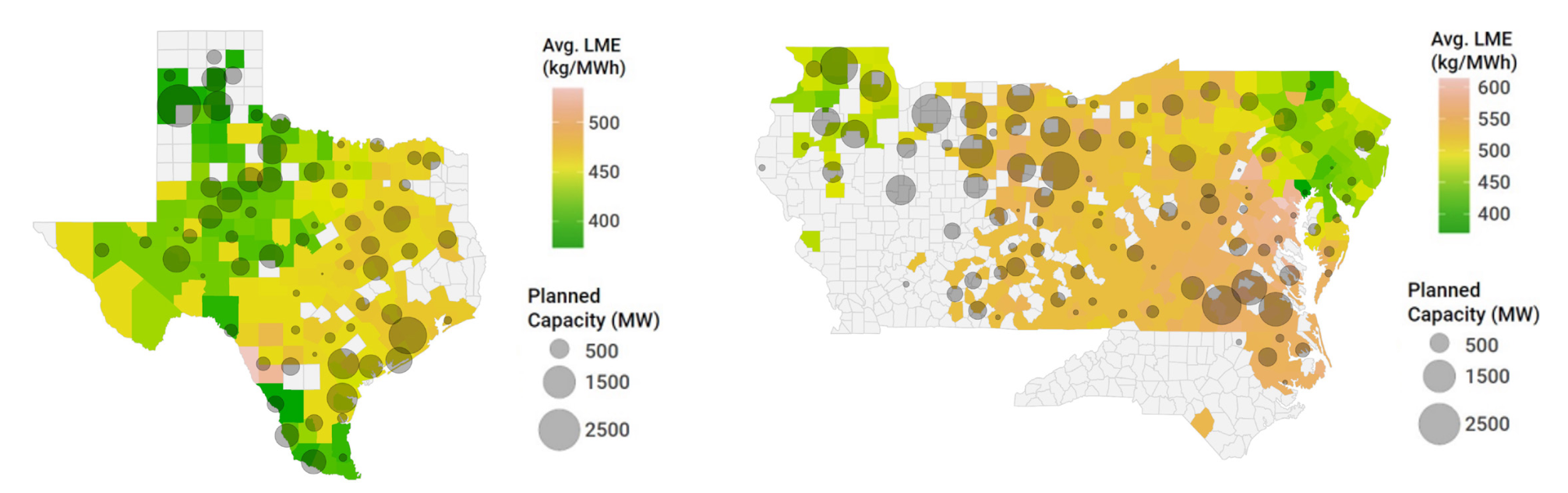 Figure 1:  Contour map of 2023 average LME by county across ERCOT and PJM, with the combined wind and solar interconnection queue for each county (gray circles) overlaid.